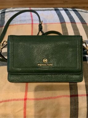 Michael Kors Dark Green Pebbled Leather Crossbody Wallet with Gold Hardware